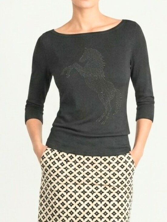 White House Black Market Sweaters - White House Black Market Black Crystal Horse Sweater Jewel Neck Keyhole XS S